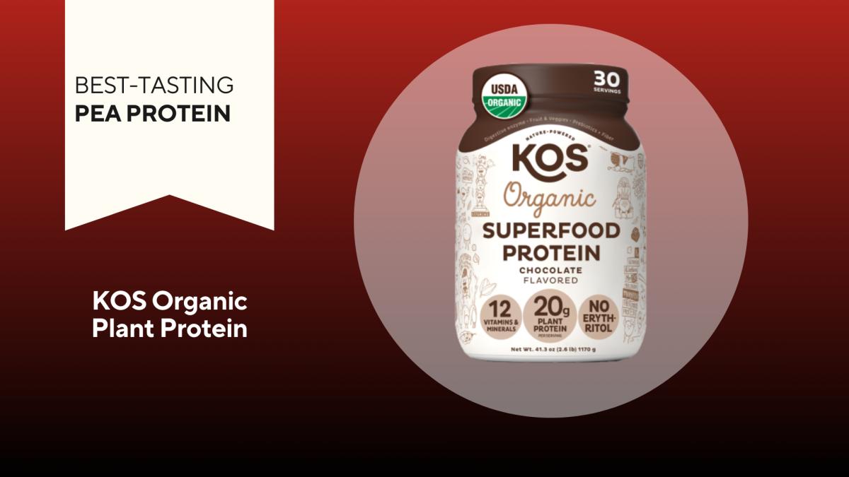 A white container with a brown and tan label on a red background of kos organic plant protein our pick for the best-tasting pea protein