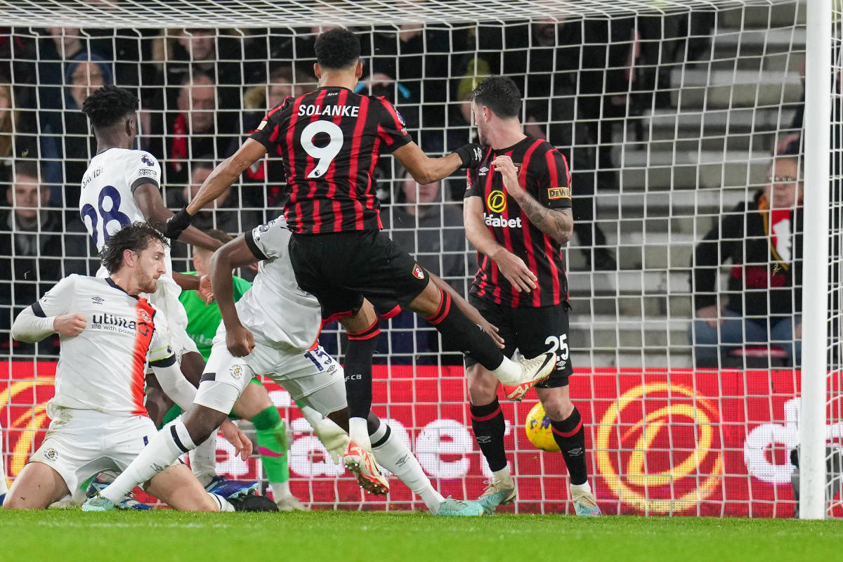 Dominic Solanke pictured scoring for Bournemouth against Luton Town in December 2023 before the Premier League game was abandoned following a medical emergency
