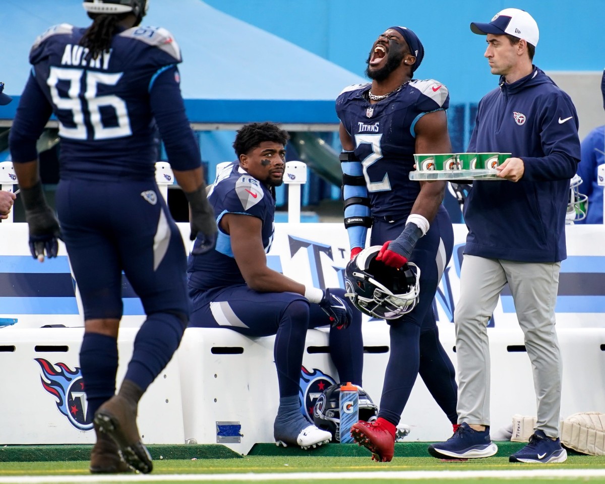 Tennessee Titans linebacker Azeez Al-Shaair (2) and wide receiver Treylon Burks (16) react to a Titans fourth down during the fourth quarter against the Indianapolis Colts at Nissan Stadium in Nashville, Tenn., Sunday, Dec. 3, 2023.