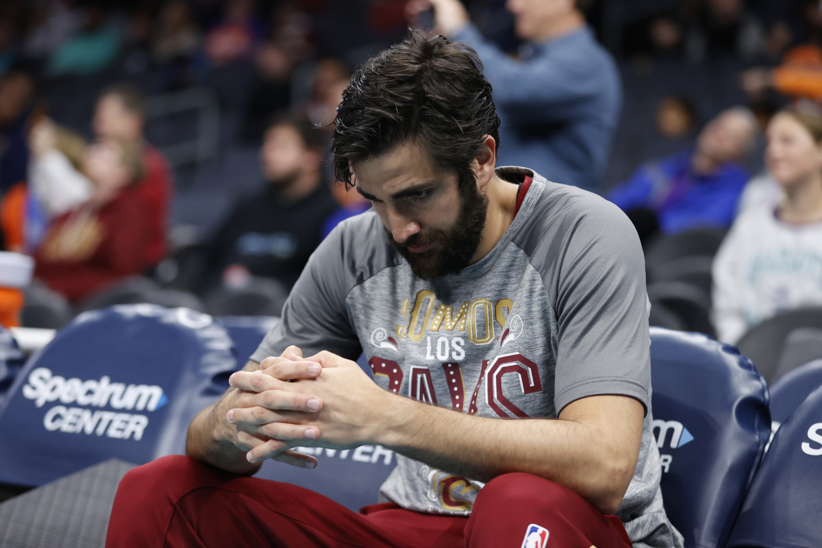 Mar 12, 2023; Charlotte, North Carolina, USA; Cleveland Cavaliers guard Ricky Rubio (13) on the bench prior to the game against the Charlotte Hornets at Spectrum Center.