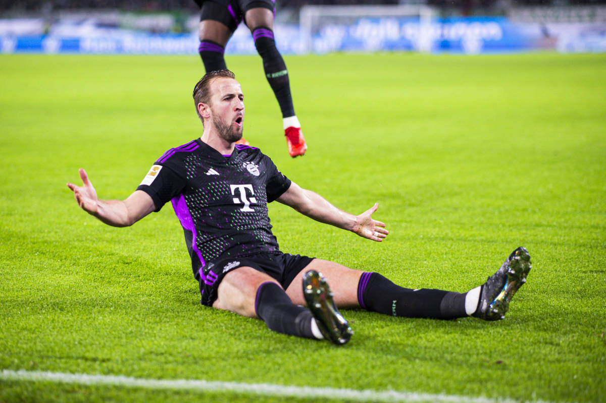 Harry Kane pictured celebrating after scoring his 52nd goal of 2023 to help Bayern Munich beat Wolfsburg 2-1 in their final match of the calendar year