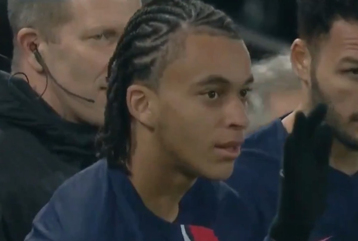 Ethan Mbappe pictured seconds before coming on as a substitute to make his Paris Saint-Germain debut during a 3-1 win over Metz in Ligue 1 in December 2023