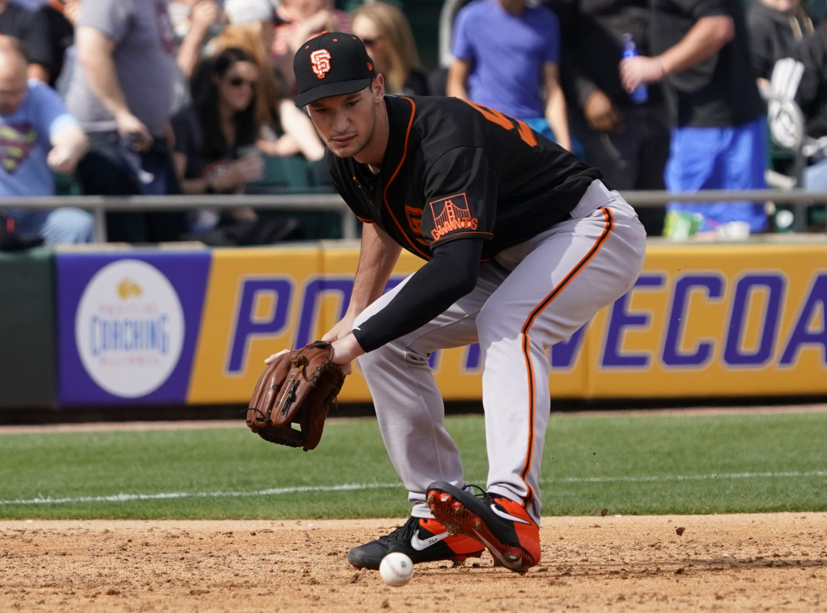 SF Giants third baseman Jacob Gonzalez in the fourth inning against the Oakland Athletics during a spring training game at HohoKam Stadium. (2020)