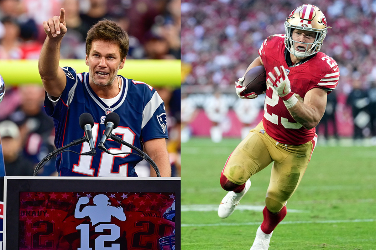 Former New England Patriots quarterback Tom Brady (left) and San Francisco 49ers running back Christian McCaffrey (right).