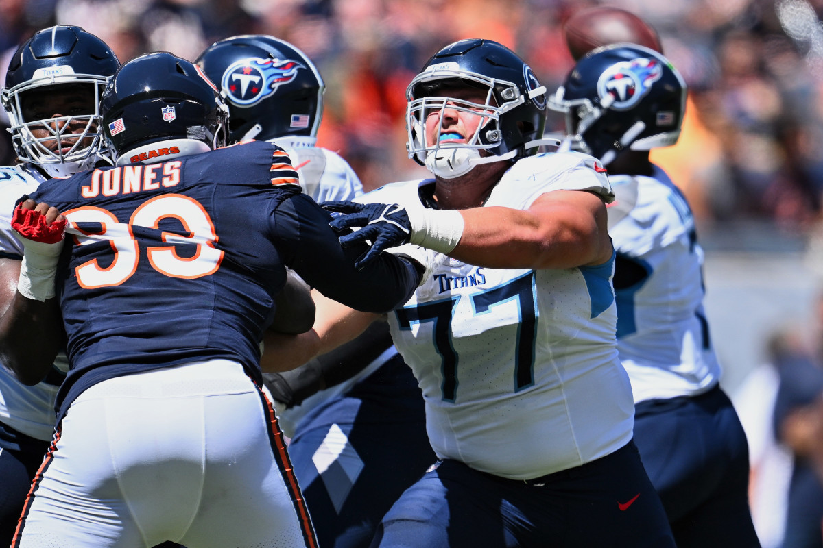 As part of a new-look offensive line, Peter Skoronski slid inside from tackle to guard and has given up three sacks so far in his rookie season in Tennessee.