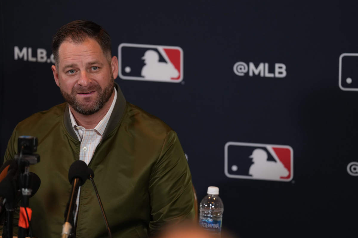 Dec 5, 2023; Nashville, TN, USA; Cleveland Guardians manager Stephen Vogt answers questions at a press conference during the 2023 MLB Winter Meetings.
