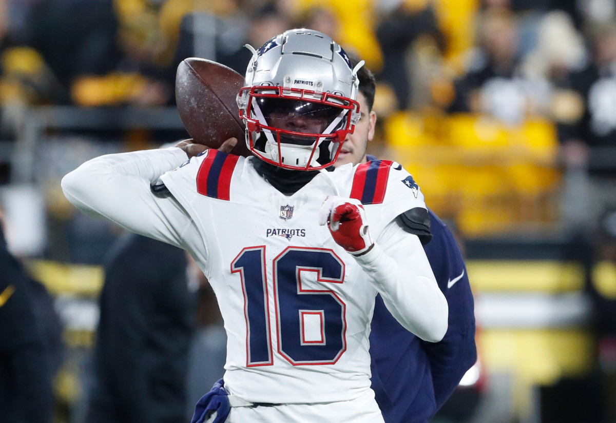 Dec 7, 2023; Pittsburgh, Pennsylvania, USA; New England Patriots quarterback Malik Cunningham (16) warms up before the game against the Pittsburgh Steelers at Acrisure Stadium.