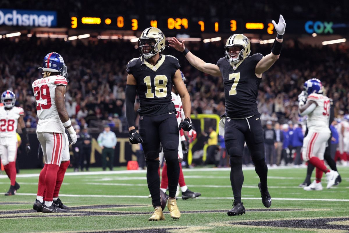 New Orleans Saints wide receiver Keith Kirkwood (18) celebrates after a touchdown catch against the New York Giants