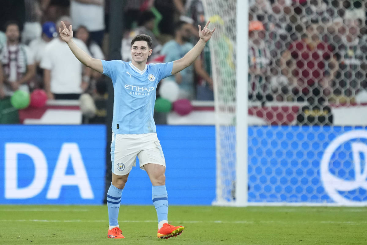 Julian Alvarez pictured celebrating after scoring for Manchester City against Fluminense in the 2023 FIFA Club World Cup final