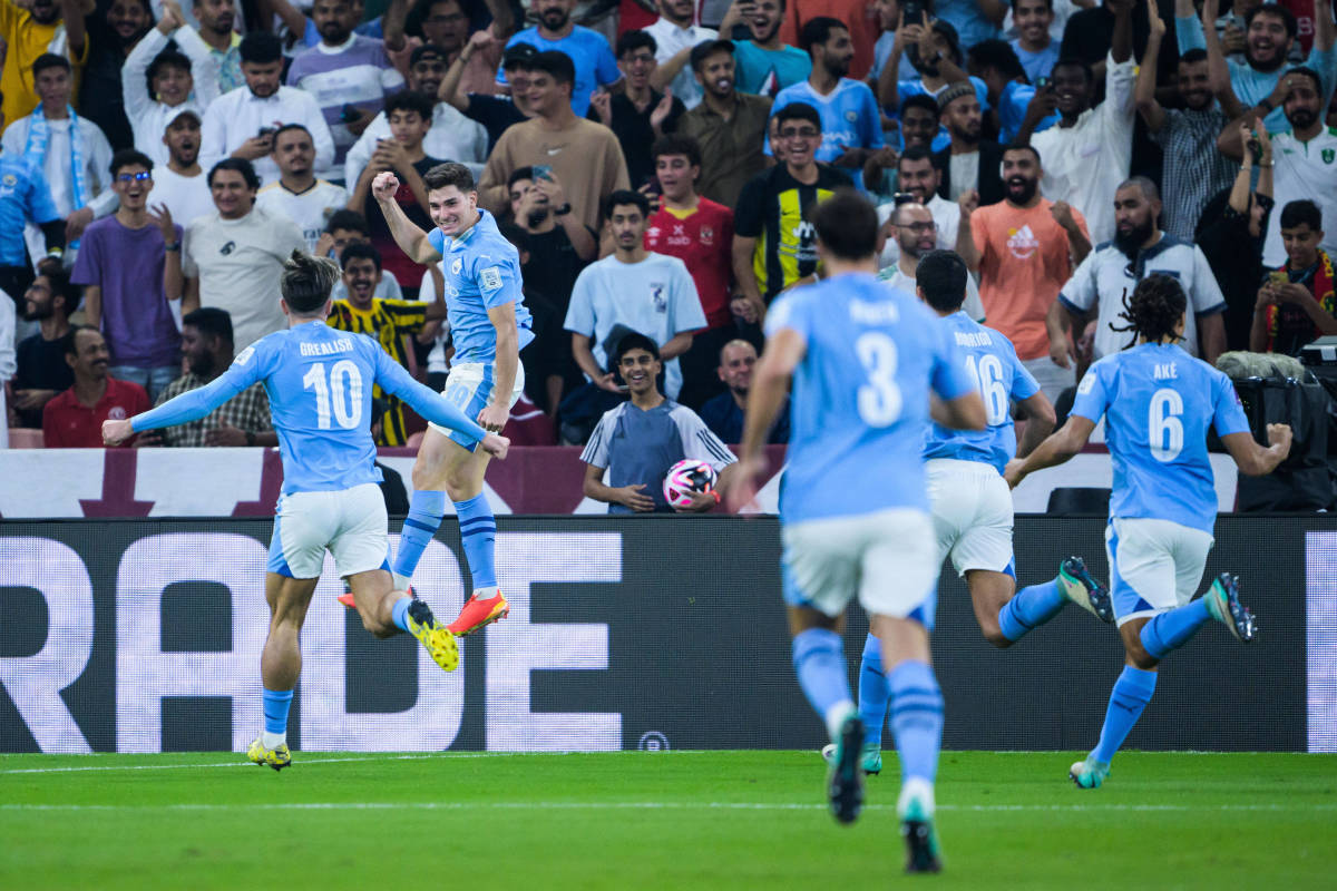 Julian Alvarez pictured (second from left) celebrating with his Manchester City teammates after scoring a goal against Fluminense in the 2023 FIFA Club World Cup final
