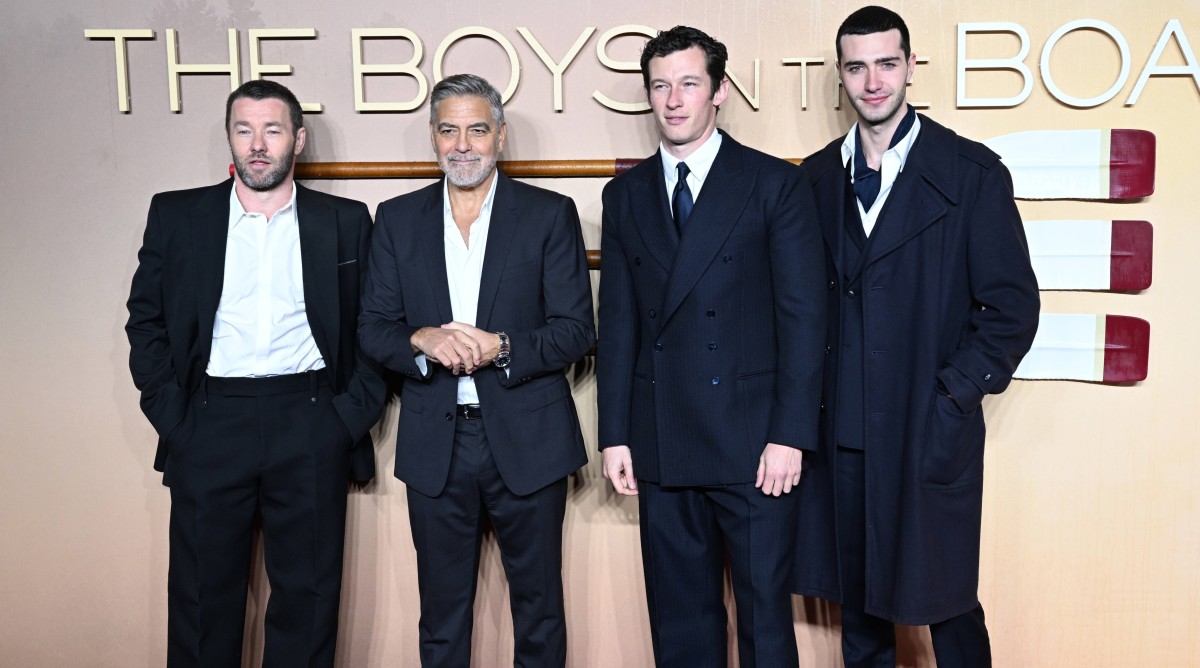 Joel Edgerton, George Clooney, Callum Turner and Bruce Herbelin-Earle (left to right) pose for a photo at the London Premiere of ‘The Boys in the Boat.’