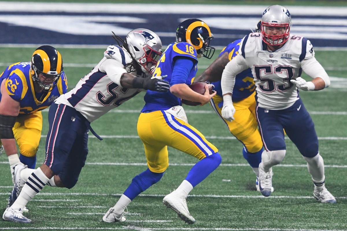 Feb 3, 2019; Atlanta, GA, USA; Los Angeles Rams quarterback Jared Goff (16) is sacked by \New England Patriots outside linebacker Dont'a Hightower (54) and middle linebacker Kyle Van Noy (53) during the third quarter of Super Bowl LIII at Mercedes-Benz Stadium.