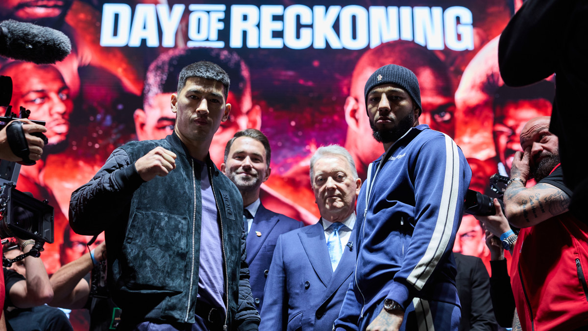 Dmitry Bivol and Lyndon Arthur during press conference to announce upcoming WBA IBO light heavyweight title fight in Saudi Arabia.