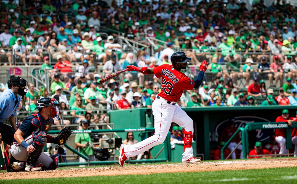 Niko Goodrum of the Boston Red Sox hits during a spring training game between the Boston Red Sox and the Atlanta Braves at Jet Blue Park in Fort Myers on Friday, March 17, 2023.