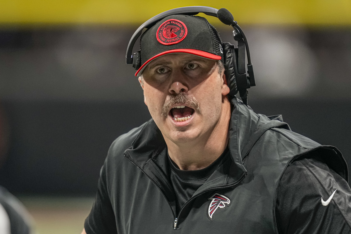Sep 10, 2023; Atlanta, Georgia, USA; Atlanta Falcons head coach Arthur Smith reacts to a call during the game against the Carolina Panthers during the second half at Mercedes-Benz Stadium.