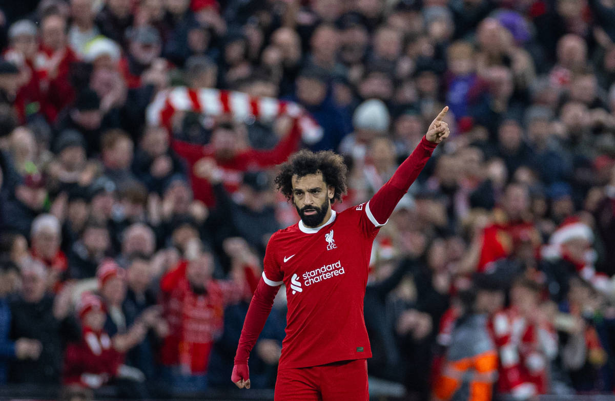 Mo Salah pictured celebrating after scoring the 151st goal of his Premier League career during Liverpool's 1-1 draw with Arsenal in December 2023