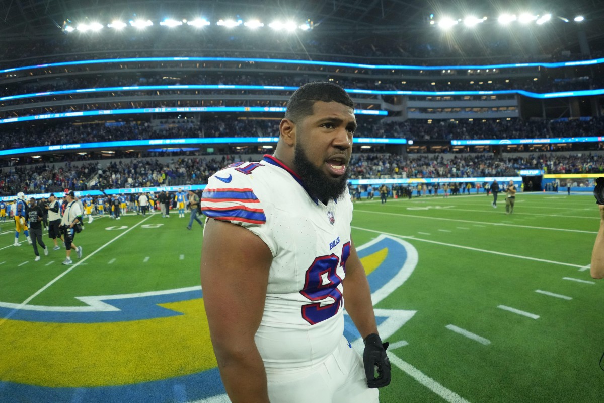 Dec 23, 2023; Inglewood, California, USA; Buffalo Bills defensive tackle Ed Oliver (91) reacts after the game against the Los Angeles Chargers at SoFi Stadium.