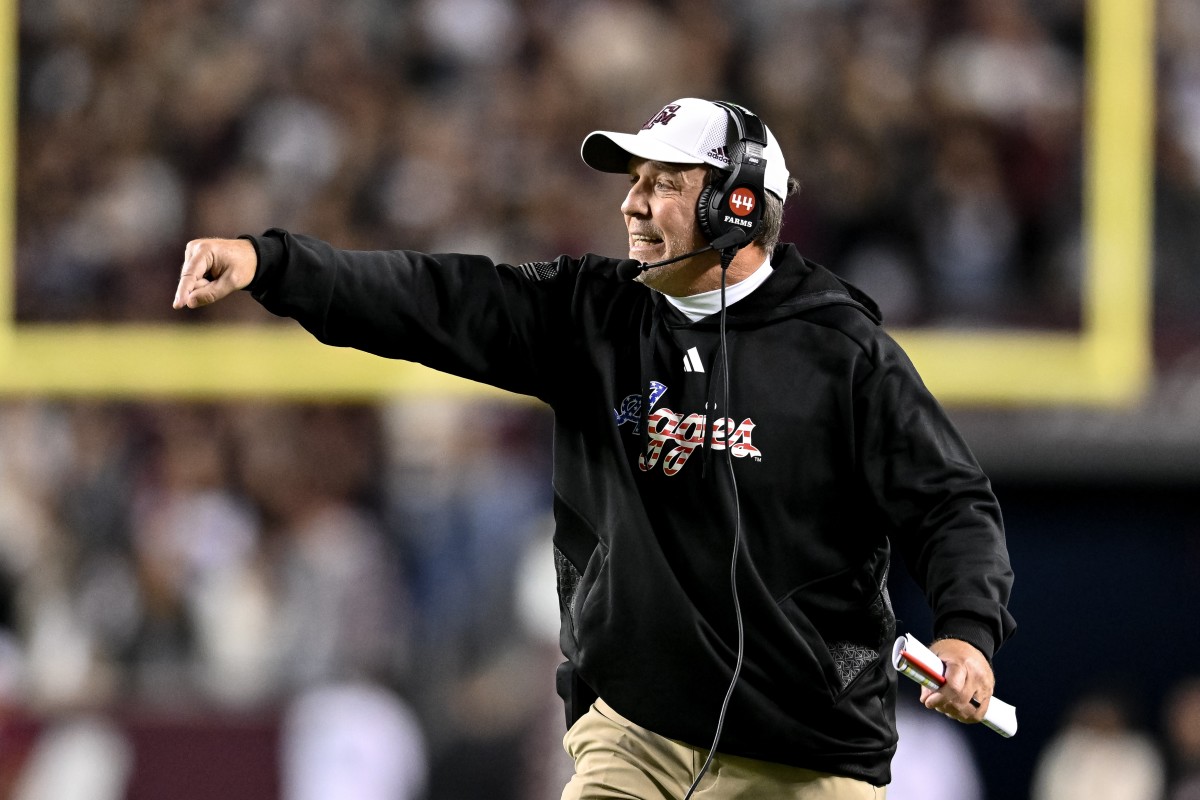 Nov 11, 2023; College Station, Texas, USA; Texas A&M Aggies head coach Jimbo Fisher reacts to a call during the second quarter against the Mississippi State Bulldogs at Kyle Field. Mandatory Credit: Maria Lysaker-USA TODAY Sports