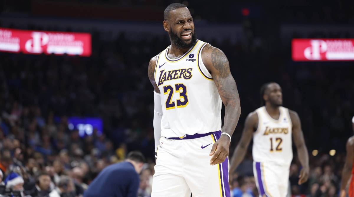 Lakers forward LeBron James reacts to a moment in a game vs. the Thunder.