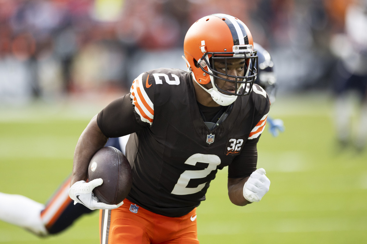 Dec 17, 2023; Cleveland, Ohio, USA; Cleveland Browns wide receiver Amari Cooper (2) runs the ball along the sideline for a touchdown against the Chicago Bears during the fourth quarter at Cleveland Browns Stadium.