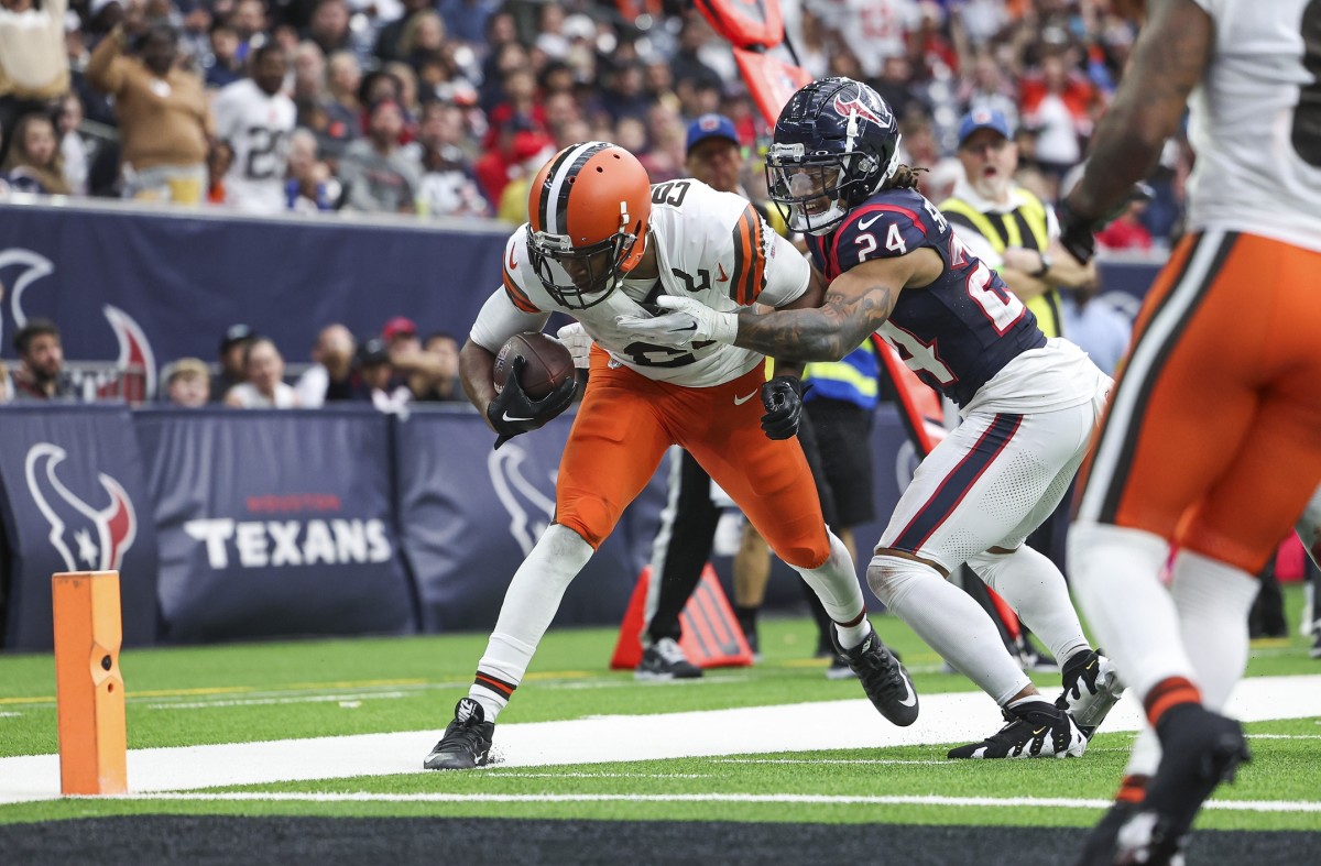 Cleveland Browns wide receiver Amari Cooper (2) steps out of bounds after a reception as Houston Texans cornerback Derek Stingley Jr. (24) defends during the fourth quarter at NRG Stadium.