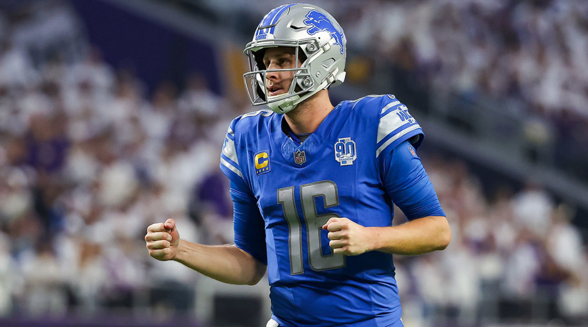 Jared Goff pumps his fist during a Lions win.