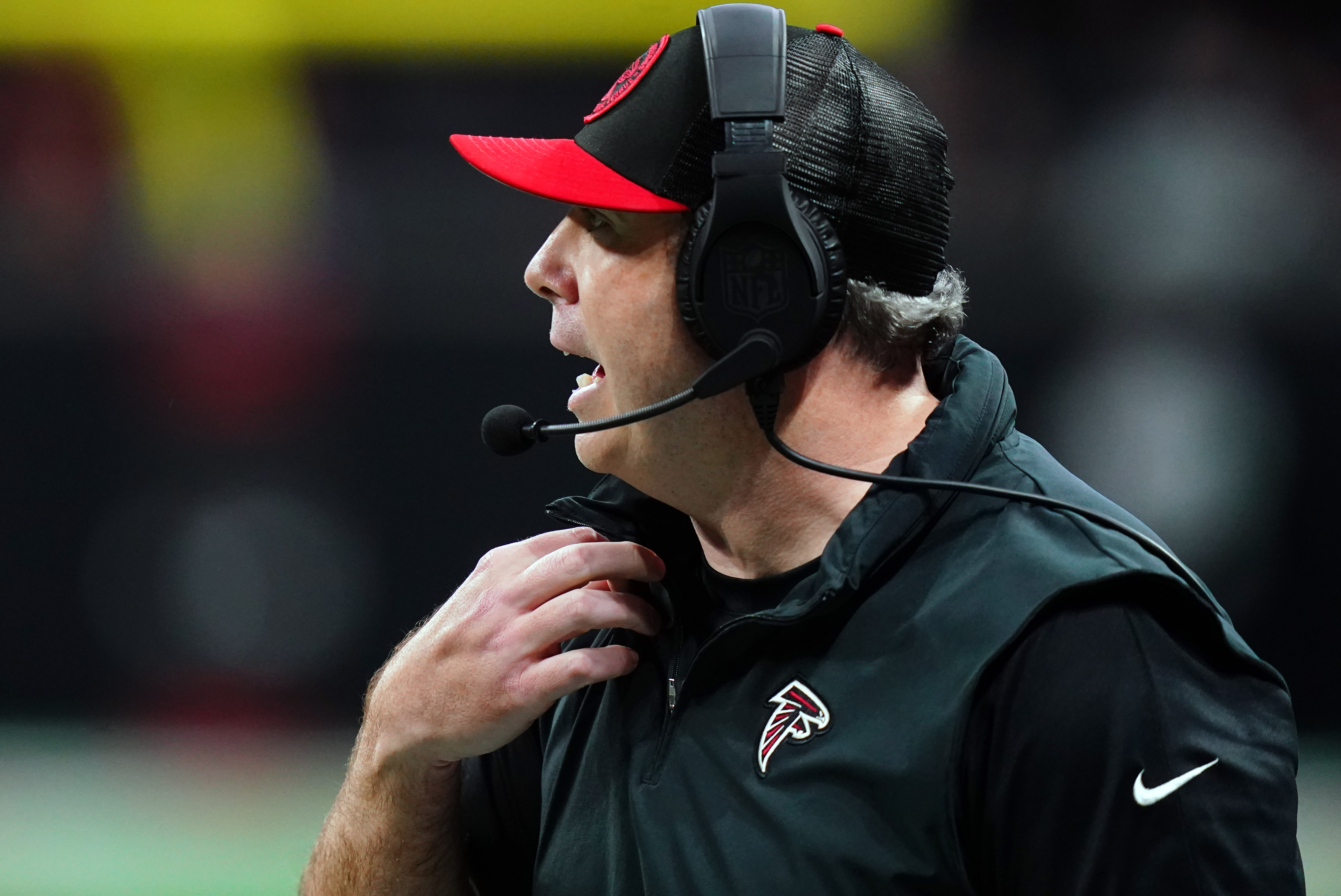 Atlanta Falcons head coach Arthur Smith shouts along the sidelines against the Indianapolis Colts during the first half at Mercedes-Benz Stadium.
