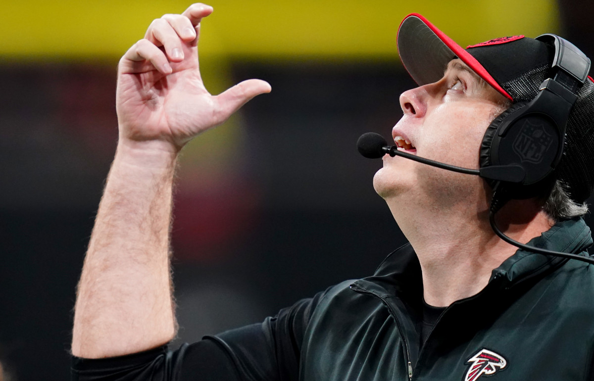 Atlanta Falcons head coach Arthur Smith reacts along the sidelines against the Indianapolis Colts during the first half at Mercedes-Benz Stadium.