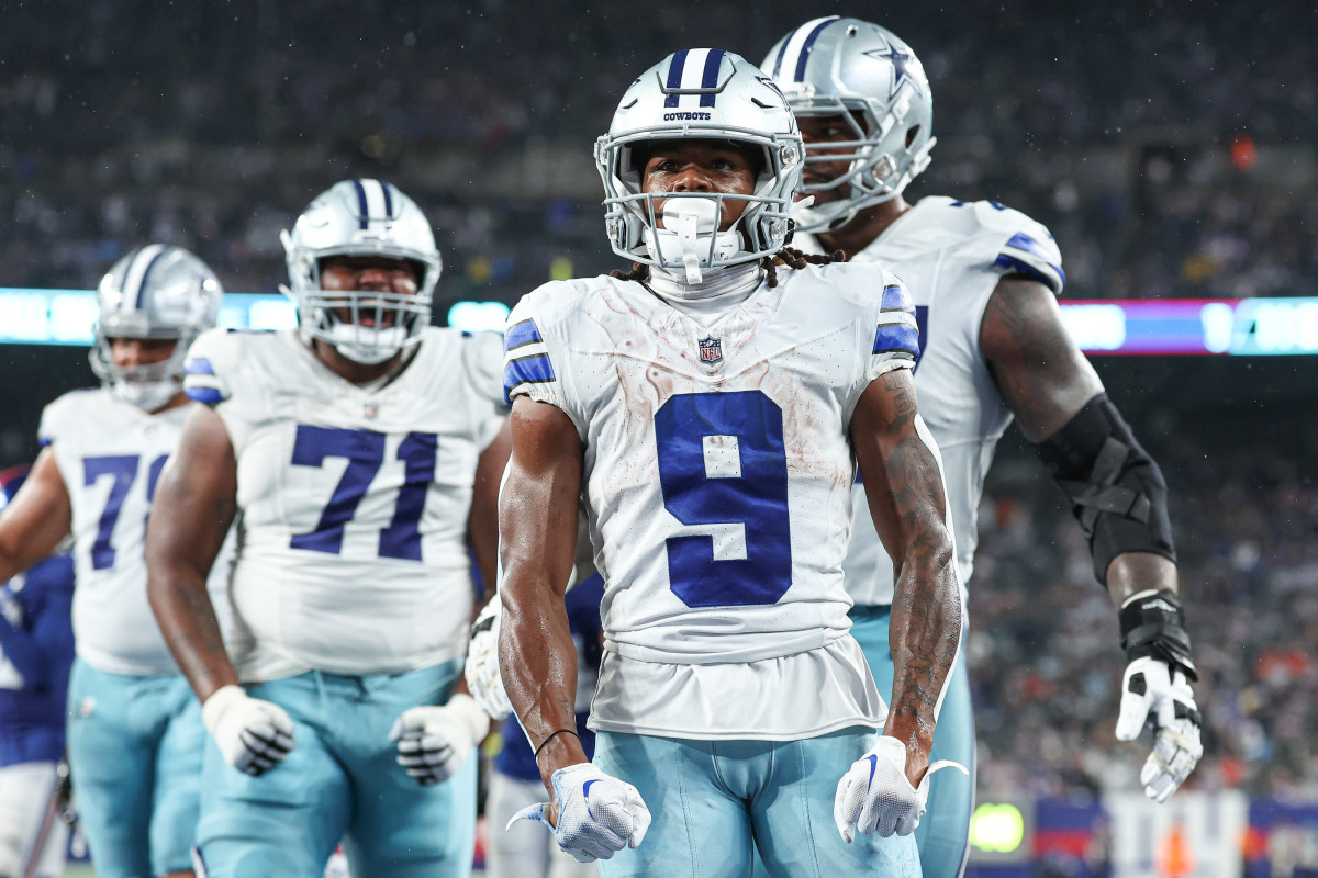 Sep 10, 2023; East Rutherford, New Jersey, USA; Dallas Cowboys wide receiver KaVontae Turpin (9) celebrates his rushing touchdown with teammates during the second half against the Dallas Cowboys at MetLife Stadium. Mandatory Credit: Vincent Carchietta-USA TODAY Sports