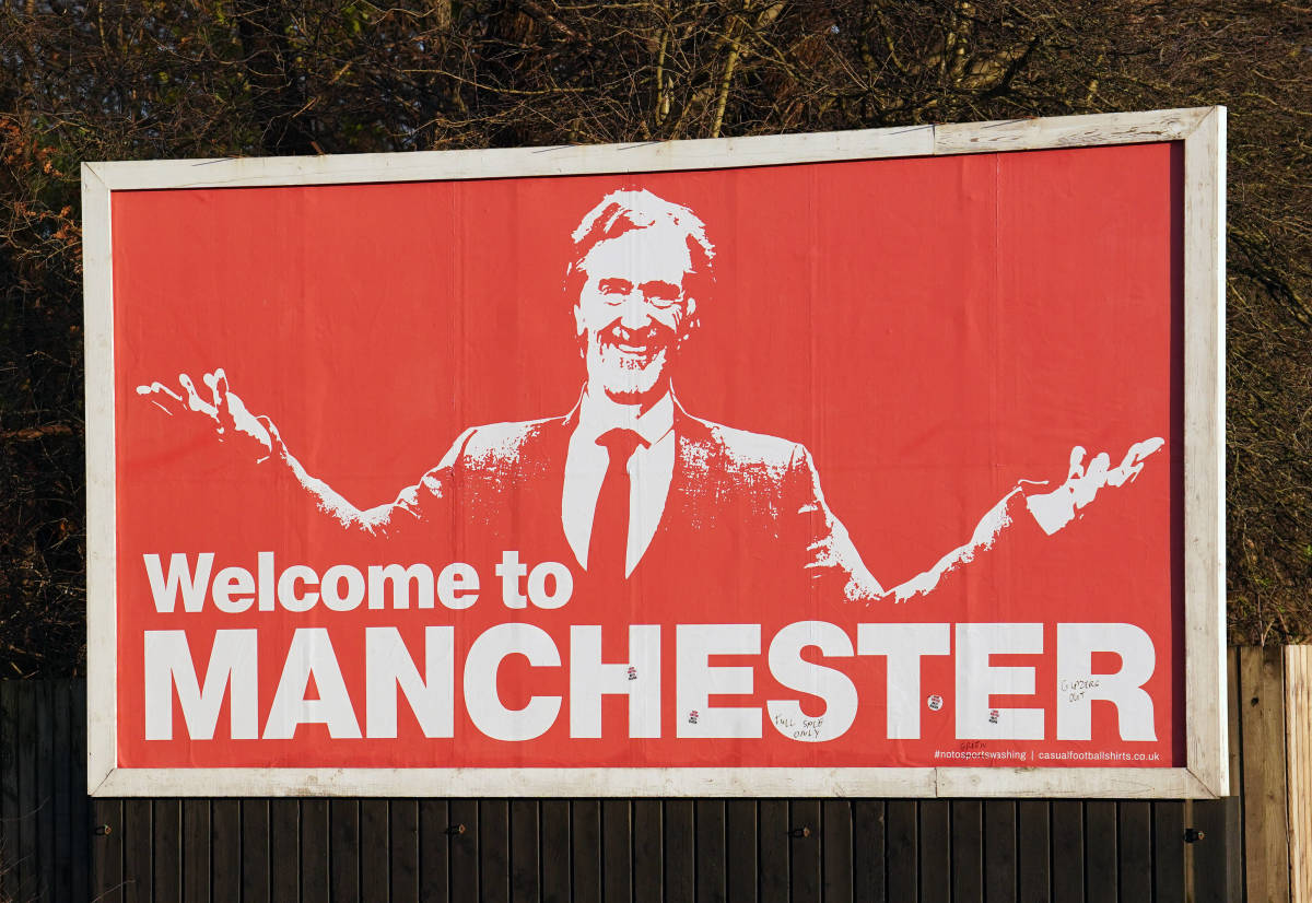 A billboard pictured near Old Trafford in December 2023 featuring an image of Sir Jim Ratcliffe alongside the words: "Welcome to MANCHESTER"