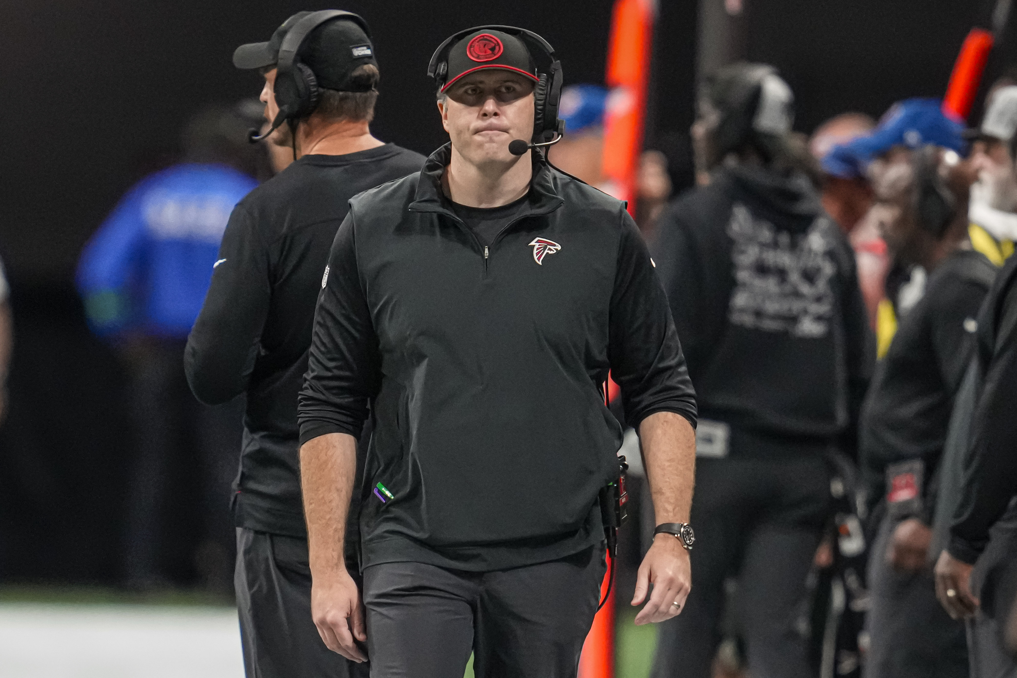 Atlanta Falcons head coach Arthur Smith on the sideline during the game against the Indianapolis Colts during the second half at Mercedes-Benz Stadium.