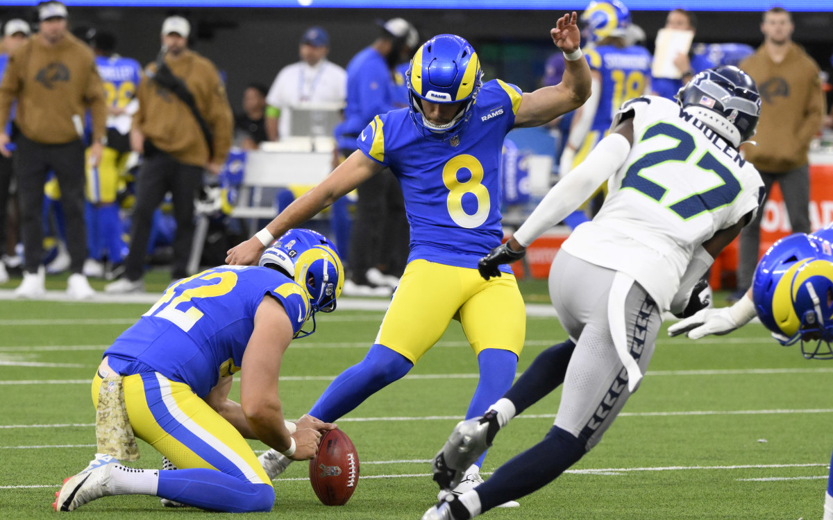 Nov 19, 2023; Inglewood, California, USA; Los Angeles Rams place kicker Lucas Havrisik (8) kicks a field goal in the fourth quarter against the Seattle Seahawks at SoFi Stadium.