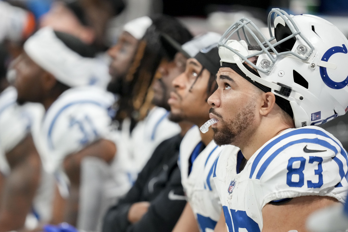 Dec 24, 2023; Atlanta, Georgia, USA; Indianapolis Colts tight end Kylen Granson (83) sits on the bench during the fourth quarter during a game against the Atlanta Falcons at Mercedes-Benz Stadium.