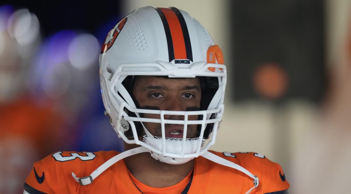 Denver Broncos quarterback Russell Wilson seen before the game against the New England Patriots at Empower Field at Mile High.