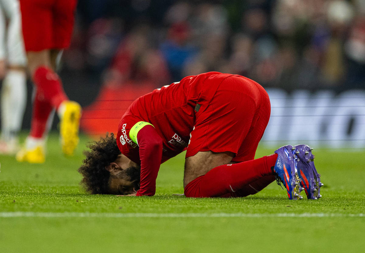 Mo Salah pictured praying after scoring for Liverpool in a 4-0 win over LASK in November 2023