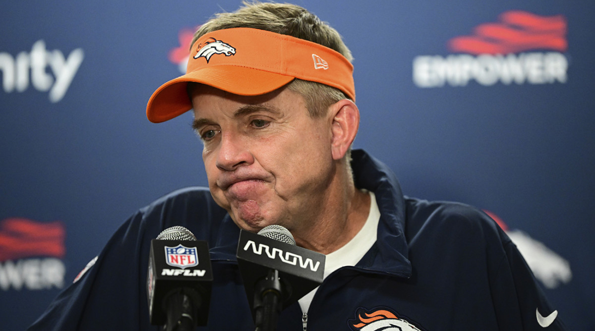 Denver Broncos coach Sean Payton addresses the media after a game against the Detroit Lions.