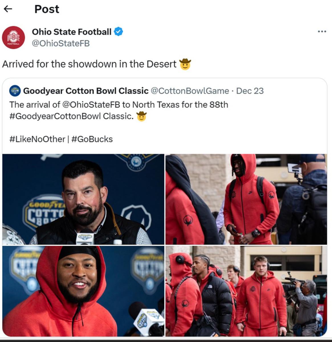 A tweet from the Ohio State Buckeyes football team’s official account.