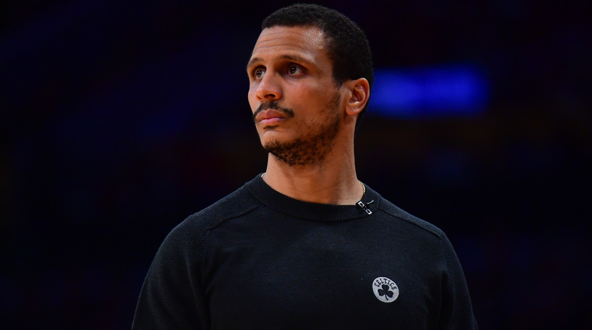 Boston Celtics head coach Joe Mazzulla watches game action on Christmas Day 2023
