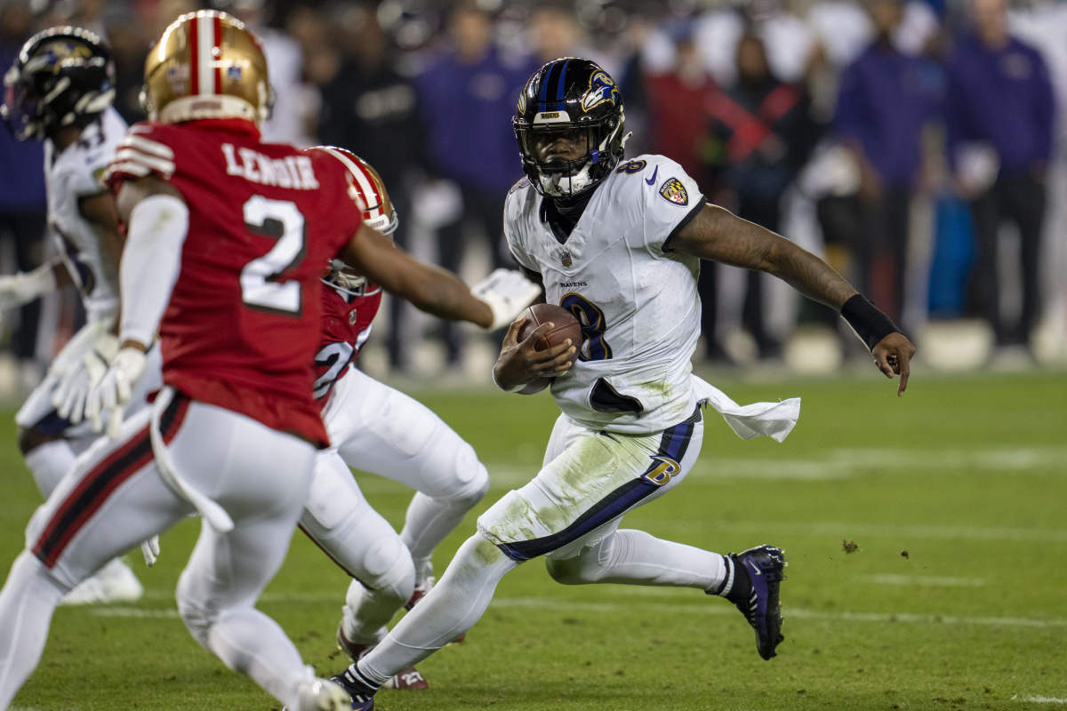 Lamar Jackson running for a first down vs. the San Francisco 49ers.