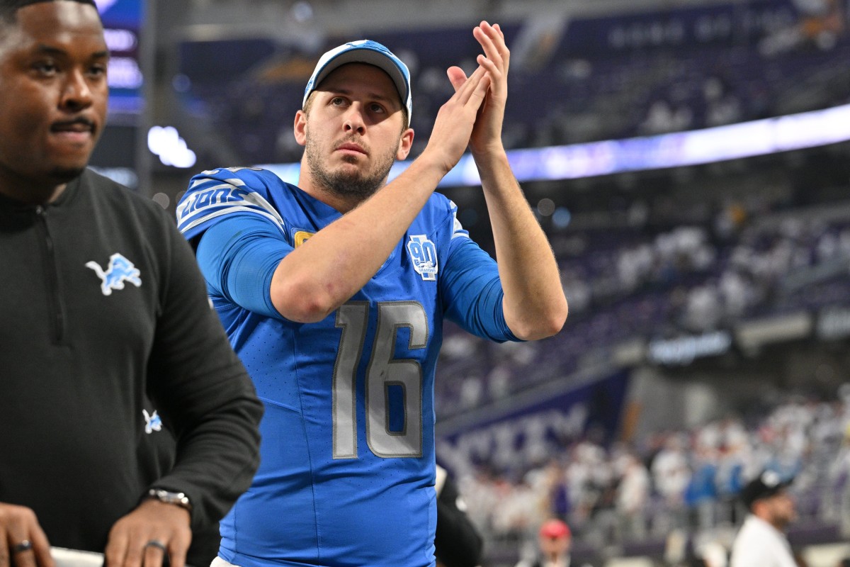 Lions quarterback Jared Goff walks off the field Sunday at U.S. Bank Stadium after Detroit clinched its first division title since 1993 with a win over the Vikings.