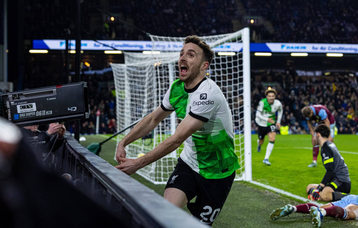 Diogo Jota pictured celebrating after scoring the 50th goal of his Liverpool career in a 2-0 win at Burnley on Boxing Day in 2023