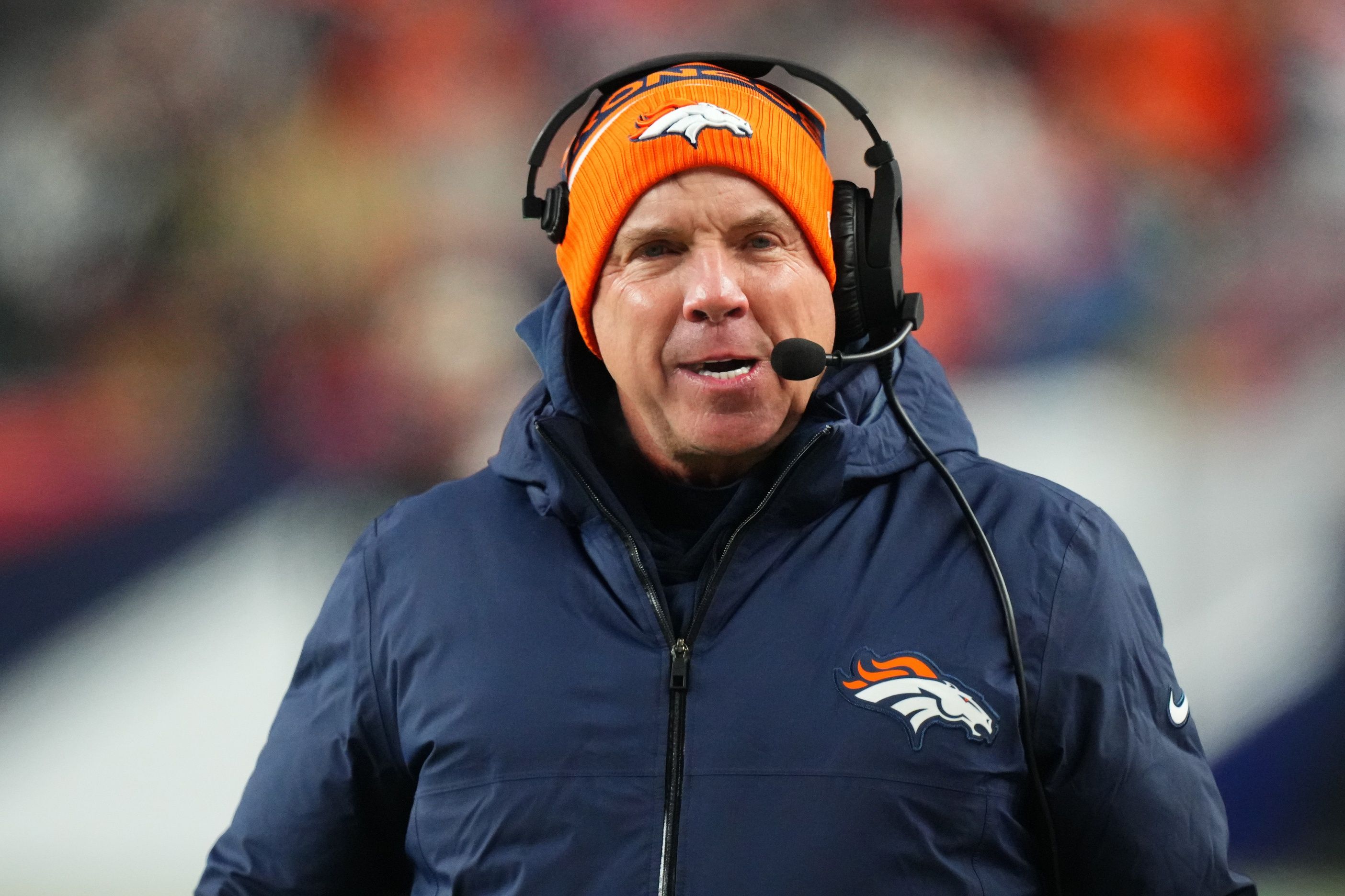 Denver Broncos head coach Sean Payton in the first quarter against the New England Patriots at Empower Field at Mile High.