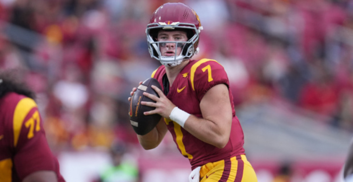 USC Trojans quarterback Miller Moss looks downfield to attempt a pass during a college football game.