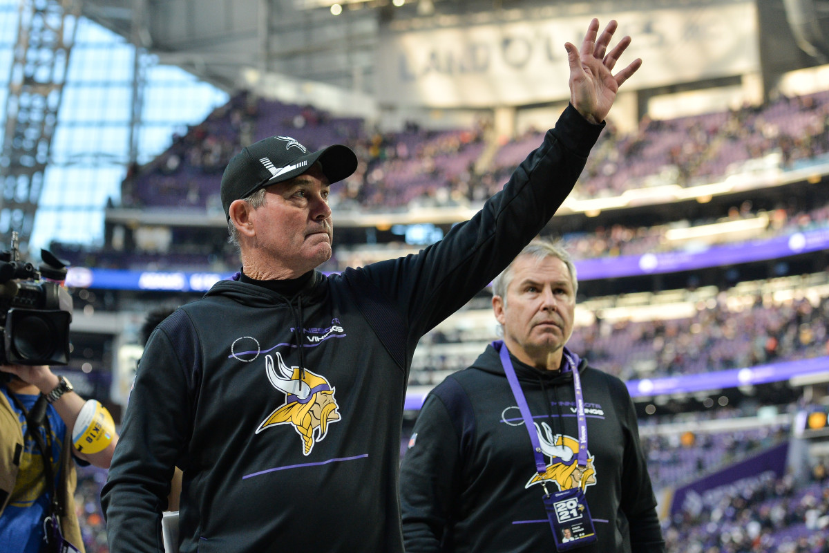 Jan 9, 2022; Minneapolis, Minnesota, USA; Minnesota Vikings head coach Mike Zimmer waves to the crowd after the game against the Chicago Bears at U.S. Bank Stadium.