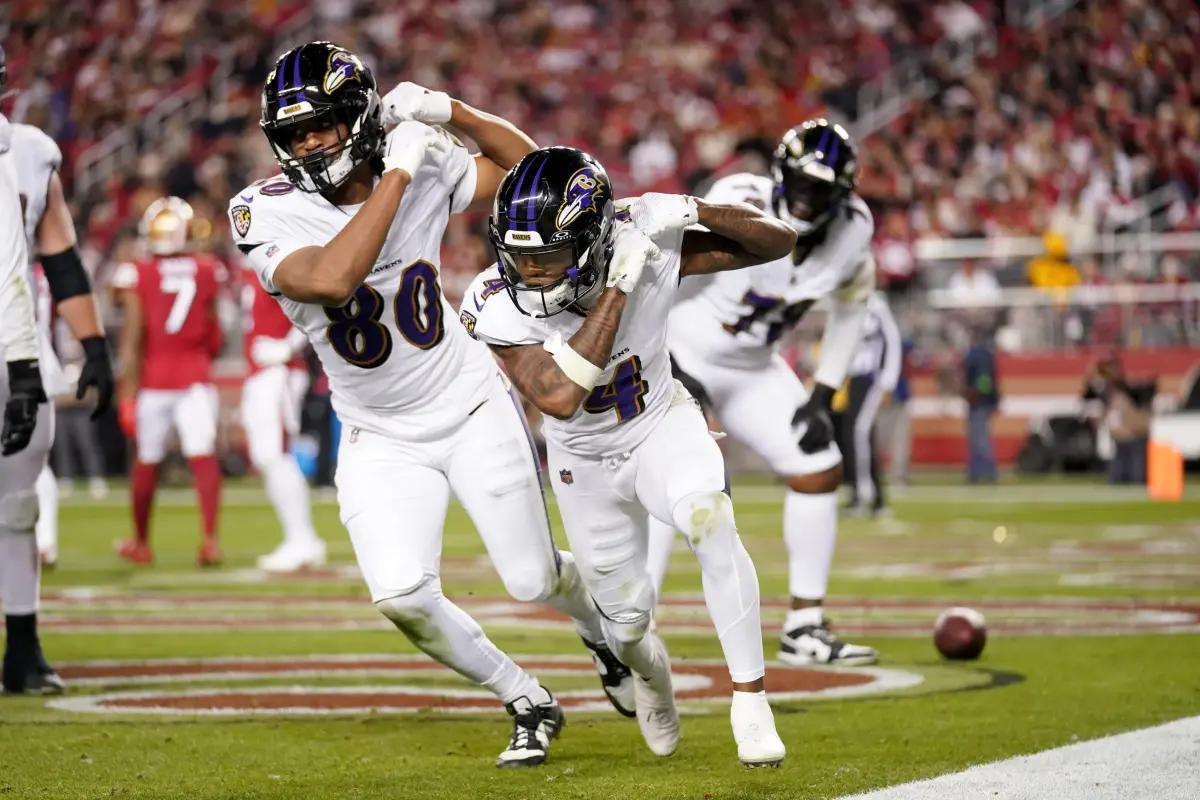 Isaiah Likely has started seven games at tight end for the Baltimore Ravens this season. 