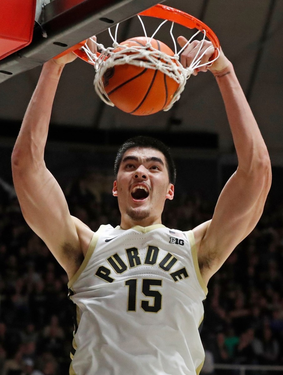 Purdue Boilermakers center Zach Edey (15) dunks the ball during the NCAA men s basketball game against the Xavier Musketeers, Monday, Nov. 13, 2023, at Mackey Arena in West Lafayette, Ind. Purdue Boilermakers won 83-71.