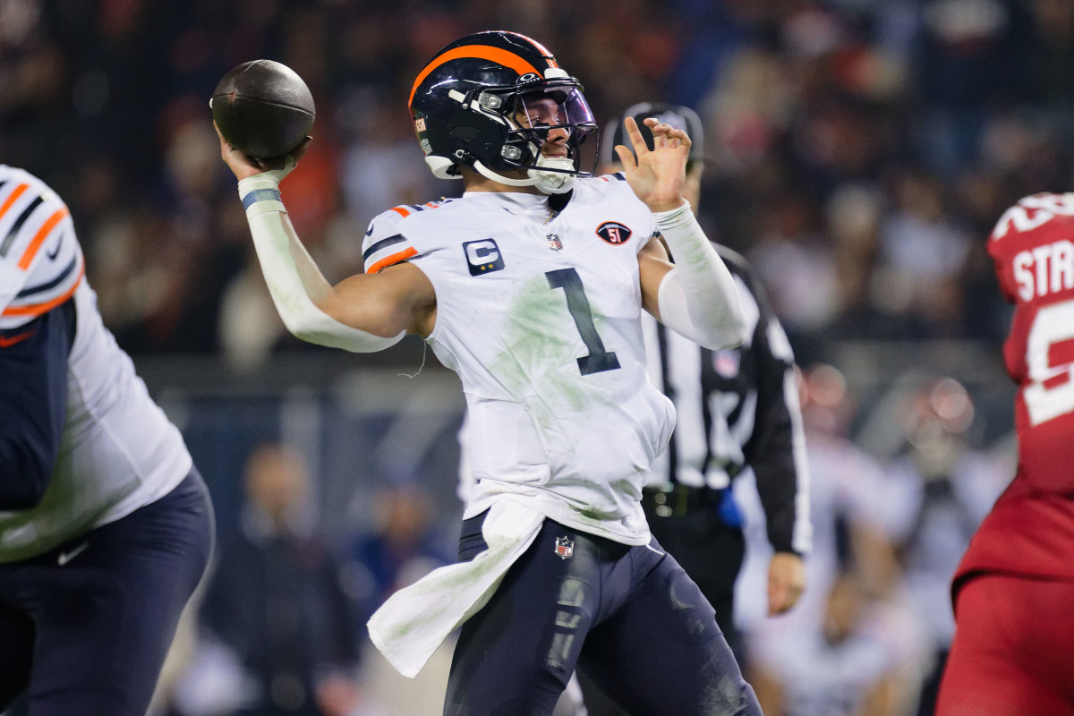 Chicago Bears quarterback Justin Fields has been linked to the Atlanta Falcons in trade rumors. 