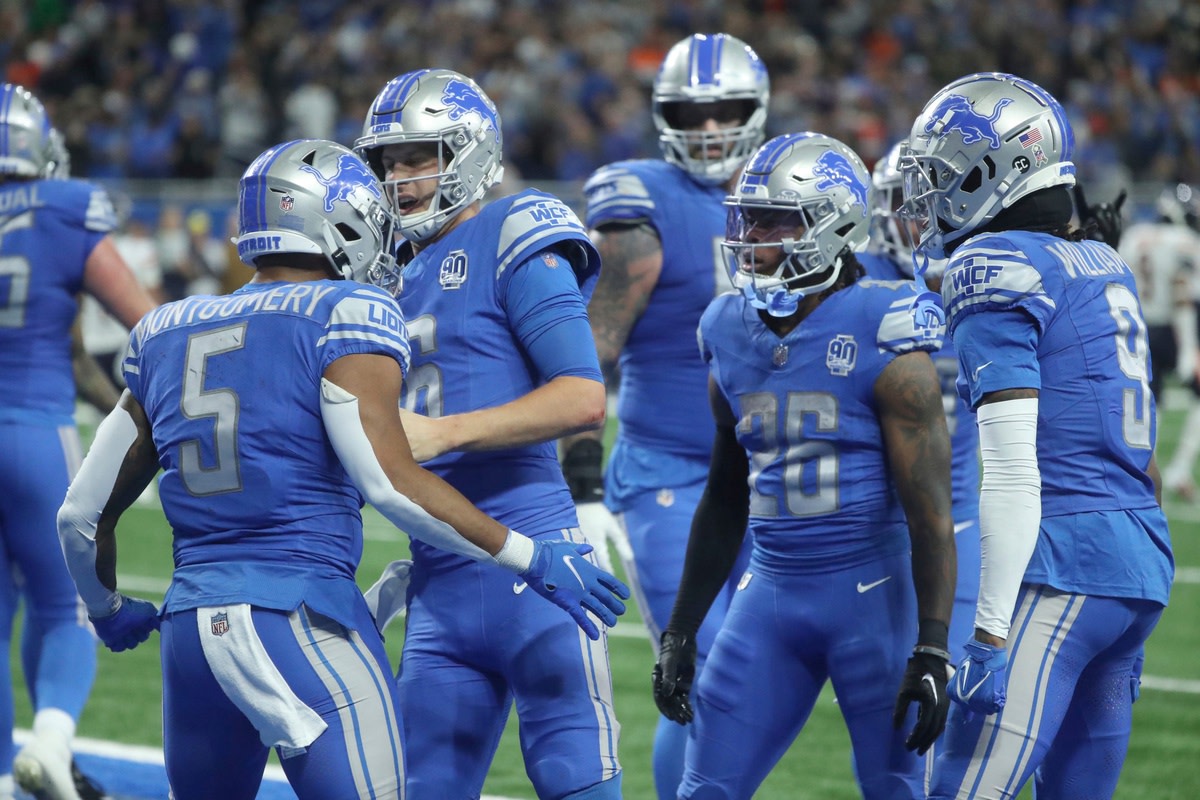 Left to right: Lions running back David Montgomery, quarterback Jared Goff, running back Jahmyr Gibbs and receiver Jameson Williams celebrate the go-ahead 1-yard touchdown by Montgomery vs. the Bears with 29 seconds remaining at Ford Field, Sunday, Nov. 19, 2023.