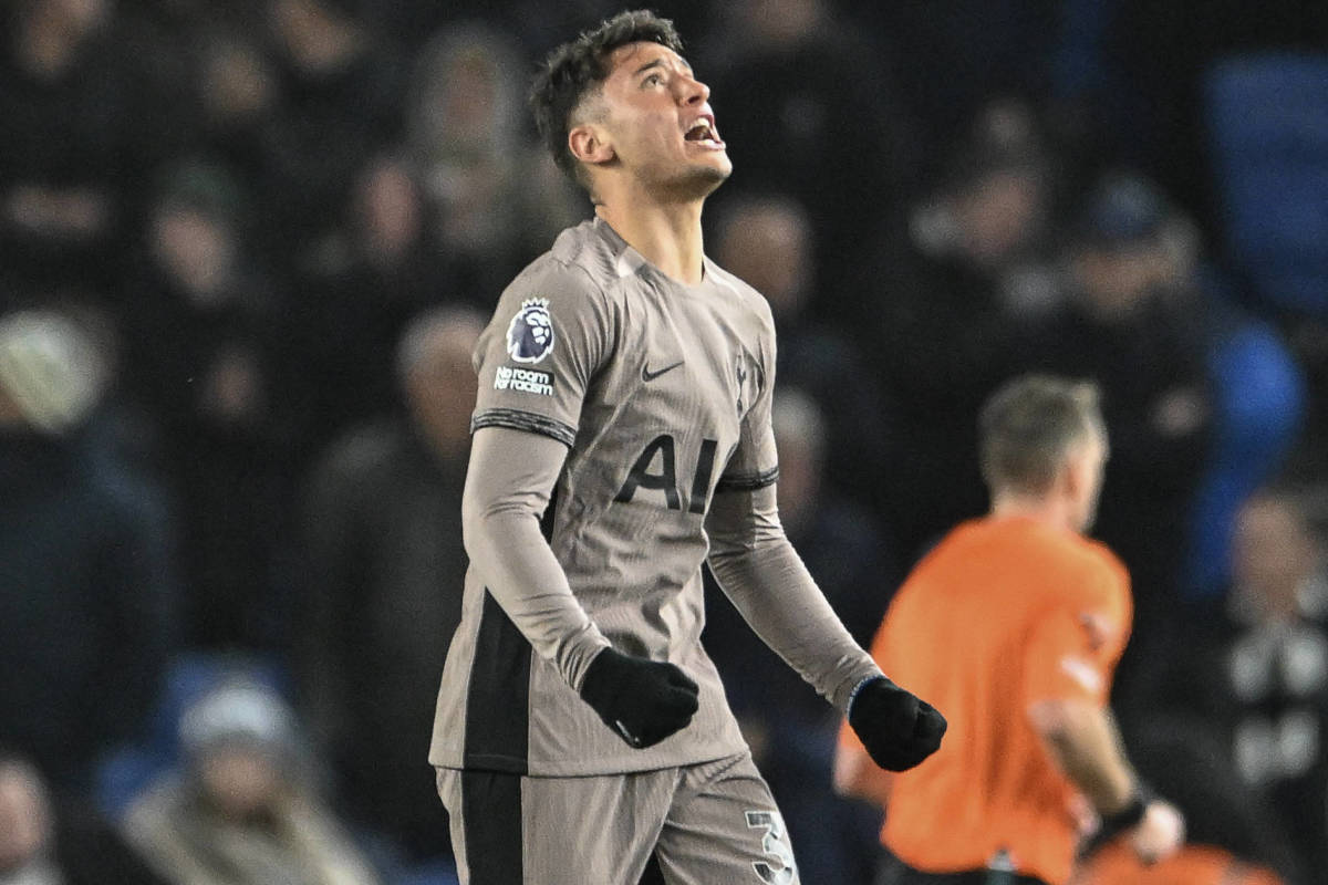 Alejo Veliz pictured celebrating after scoring his first goal for Tottenham Hotspur in a 4-2 defeat at Brighton & Hove Albion in December 2023