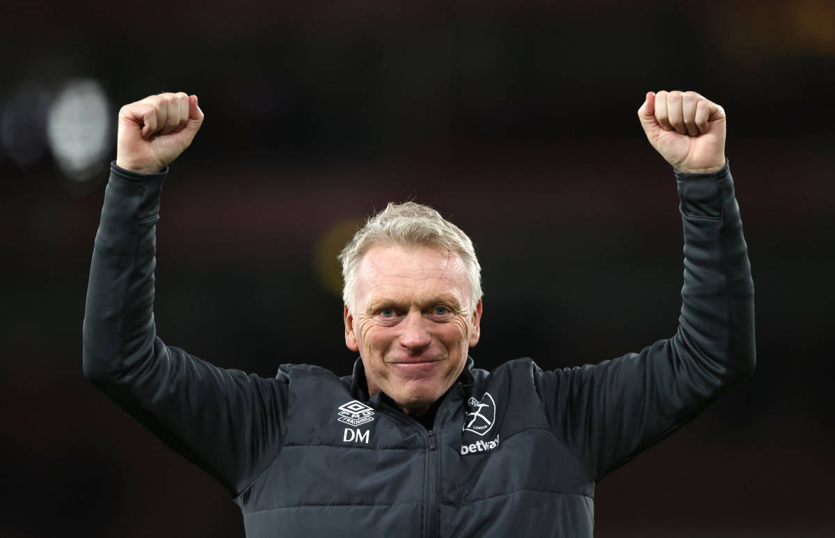 West Ham United manager David Moyes pictured celebrating after his team beat Arsenal 2-0 at the Emirates Stadium in December 2023